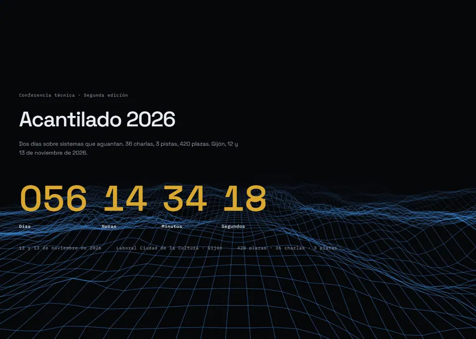 Acantilado — Web de evento con cuenta atrás, agenda por pistas y un terreno generado que se ve desde arriba.