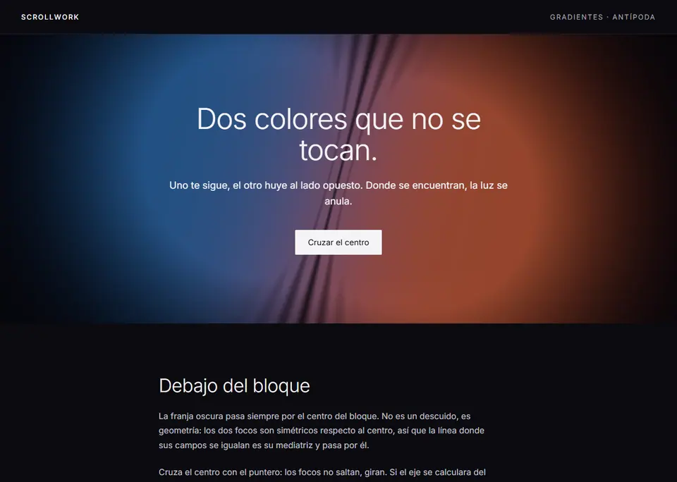 Antípoda — Dos focos de color opuestos que se repelen alrededor del cursor.