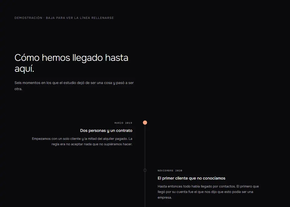 Ascenso — Línea de tiempo vertical con una línea que se rellena conforme bajas.