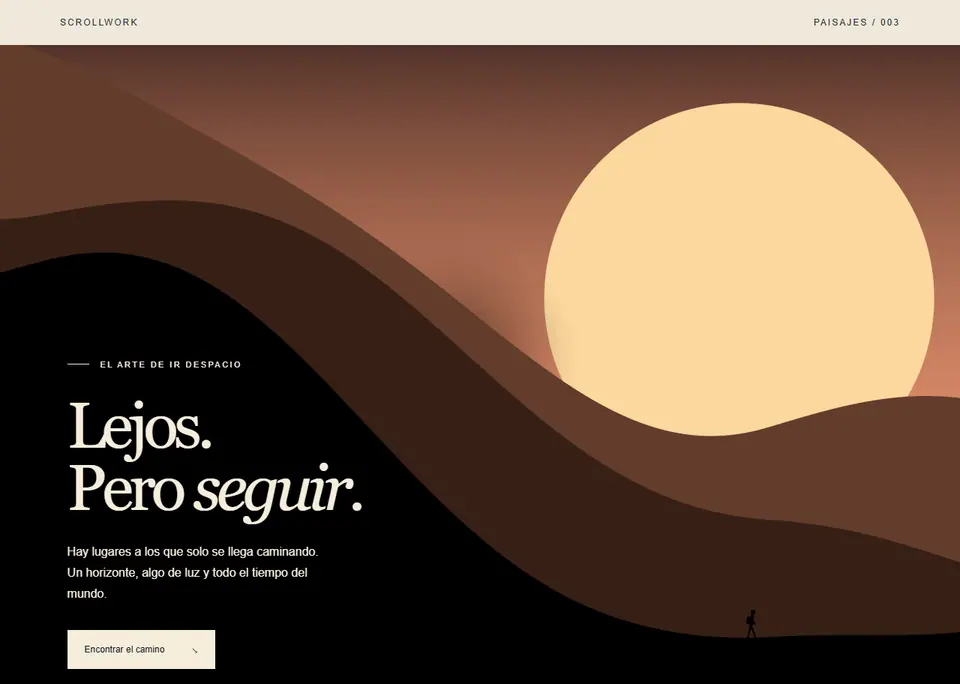 Caminante — Un cartel de paisaje: un sol desmesurado, tres lomas de tinta y una figura diminuta que camina mientras el cielo pasa de la noche al alba y al día.