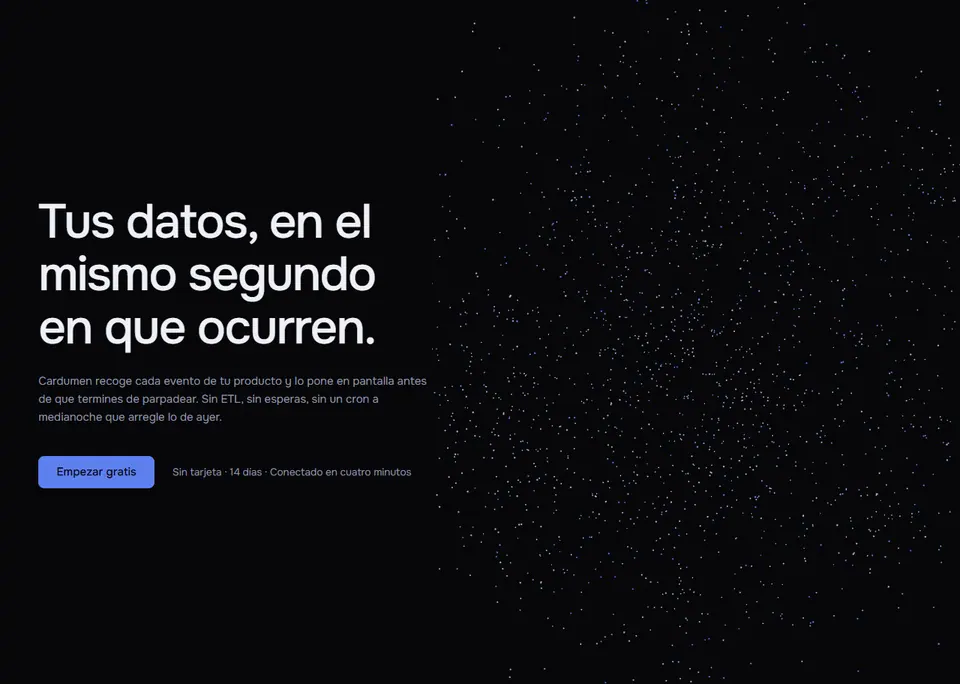 Cardumen — Landing de producto SaaS con un banco de partículas que se comporta como un banco de peces y esquiva el puntero.