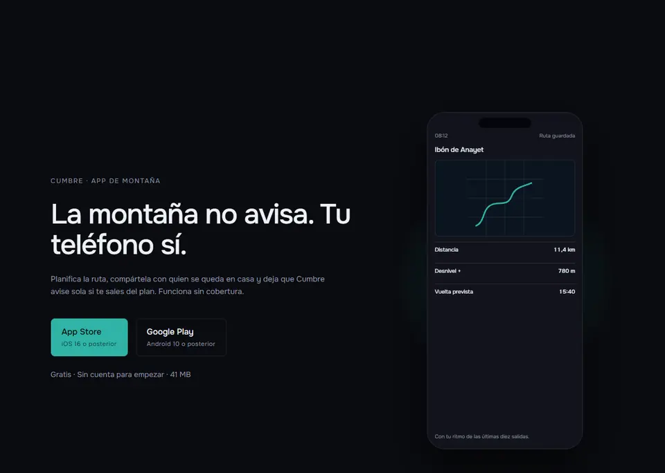 Cumbre — Landing de app con maqueta de móvil que rota en 3D y un recorrido de pantallas ligado al scroll.