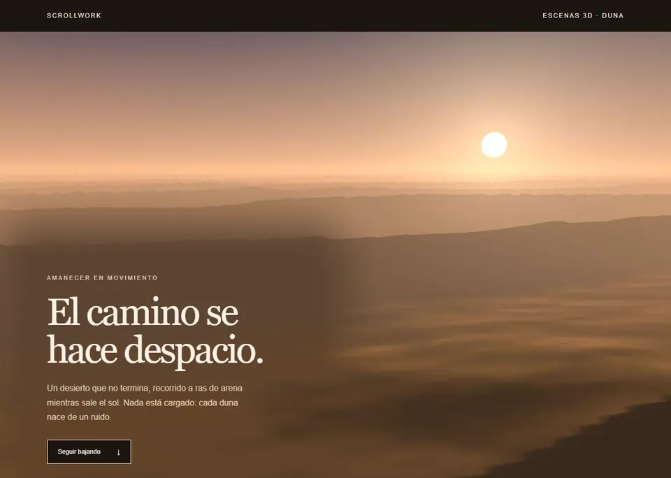 Duna — Un desierto infinito al amanecer, recorrido a ras de arena: dunas asimétricas a contraluz, un sol que sube y un horizonte sin costura.