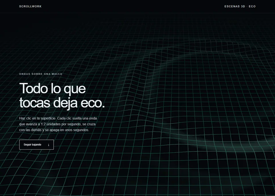 Eco — Malla en perspectiva donde cada clic suelta una onda que avanza, se cruza con las demás y se apaga.