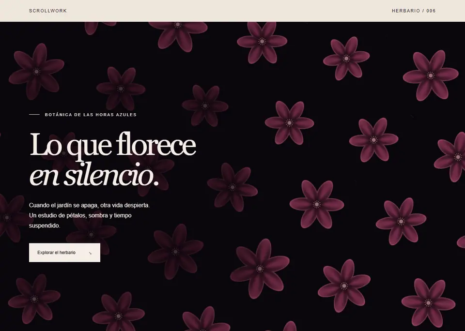 Flores de Noche — Un herbario nocturno: flores de seda de seis pétalos en una retícula hexagonal, cada una respirando a su ritmo, mientras el jardín gira muy despacio.