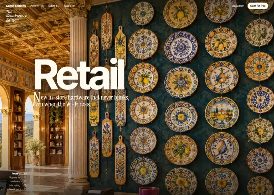 Fresco — A commerce platform's release notes told as a walk through painted rooms: an engraving that fills with colour, a panorama, a dome, an exploded hub and an ad projected onto a billboard in the painting.