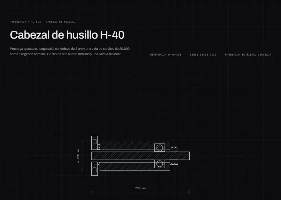 Hangar — Web industrial con una retícula técnica visible, cotas y un componente que se despieza al hacer scroll.