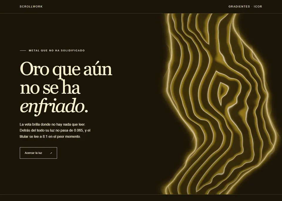 Icor — Una veta de oro fundido con pliegues que reflejan donde pasa el puntero.