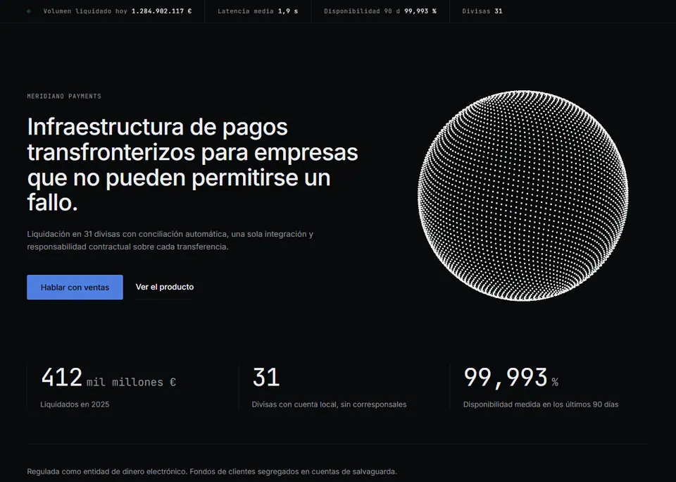 Meridiano — Fintech seria: retícula estricta, números tabulares y un globo de puntos que gira despacio.