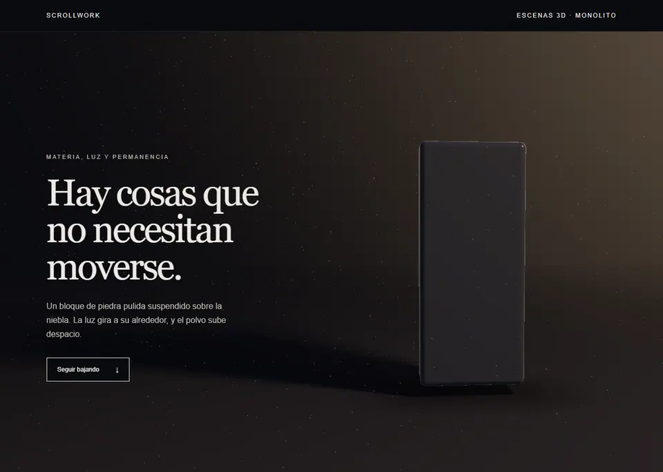 Monolito — Un bloque de piedra pulida suspendido sobre un suelo infinito, con una luz cálida que lo rodea, su sombra larga y polvo que sube despacio.