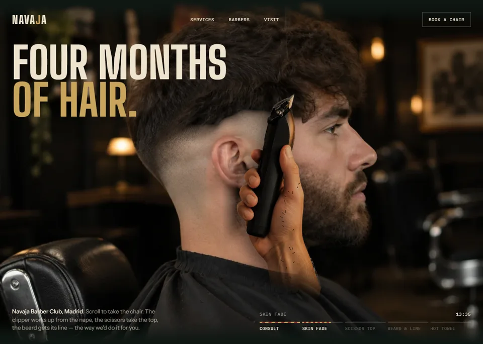 Navaja — Barbería: el scroll hace el corte. De cuatro meses de pelo a degradado, tijera arriba y barba perfilada, pasada a pasada, con la mano del barbero.