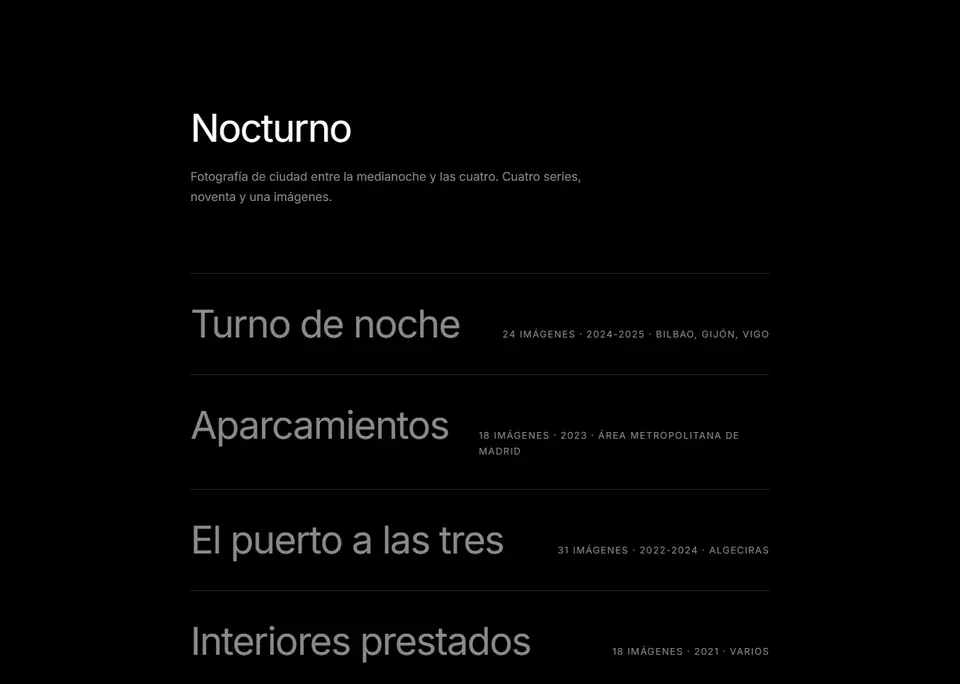 Nocturno — Portafolio de fotógrafo con navegación por teclado y una galería que se comporta como un carrete.