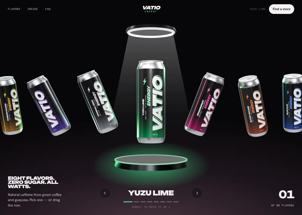 Vatio — Bebida energética: carrusel 3D de ocho latas bajo un halo; al bajar, la lata elegida crece, gira y enciende en su dorso cada ingrediente que cuenta el texto.